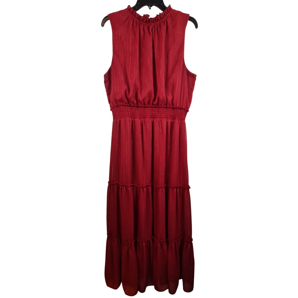 Draper James RSVP Red Metallic Stripe Tiered Maxi Dress XL Ruffle Mock Neck